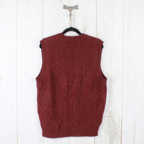 LL Bean Red 100% Wool Shetland V-Neck Cable Knit Pullover Vest Size L - Picture 8 of 9